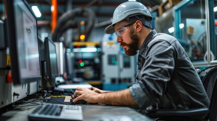 Engineers man programming machines to process recycled plastic materials efficiently on the control room background.