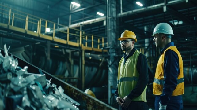 Engineers man programming machines to process recycled plastic materials efficiently on the control room background.