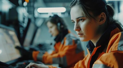 Engineers man programming machines to process recycled plastic materials efficiently on the control room background.