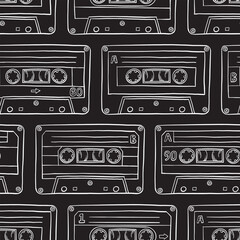 Audio cassette tape doodle seamless pattern. Vector repeat pattern illustration.