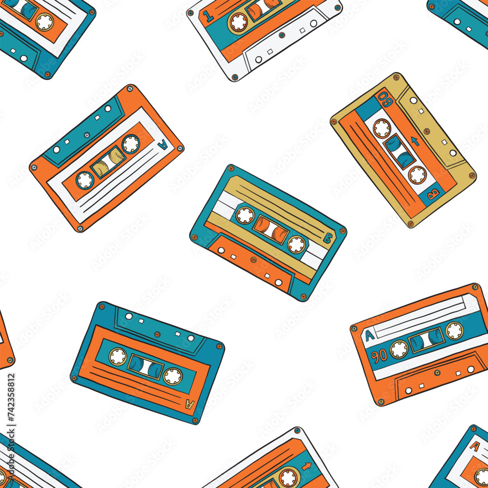 Wall mural Audio cassette tape doodle seamless pattern. Vector repeat pattern illustration.