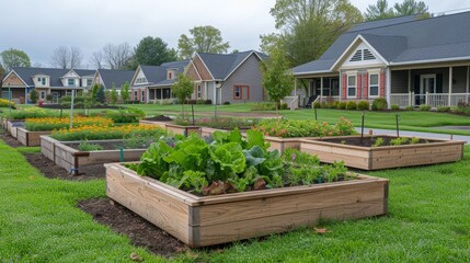 A scenic retirement community with individual raised garden beds outside each cottage allowing residents to personalize and tend to their own gardening space.