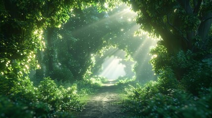 Obraz premium Enchanted Forest Pathway with Mystical Fireflies