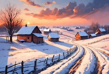 Winter Rural Landscape At Sunset. 3d render, AI generative 