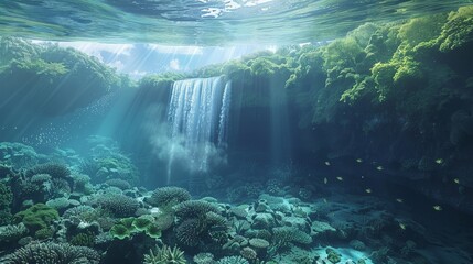 3D Visualization of a Majestic Subaquatic Waterfall Landscape - obrazy, fototapety, plakaty