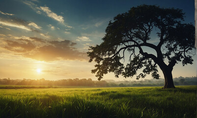 World environment day concept Silhouette alone tree on beautiful meadow wallpaper background