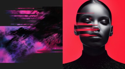 Edgy and modern layout of high end fashion shoot in combination with elements of modern graphic design. Graphic strokes of paint on the model's face. Neon colors