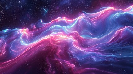 A 3D abstract background that captures the essence of a digital aurora borealis, with swirling neon lights against a dark