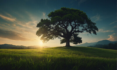 World environment day concept Silhouette alone tree on beautiful meadow wallpaper background - obrazy, fototapety, plakaty