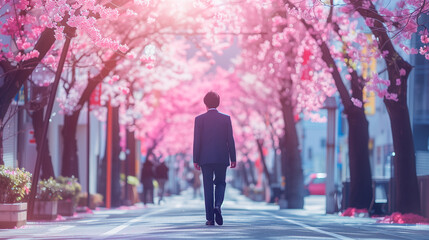 桜並木を歩く男性 - obrazy, fototapety, plakaty
