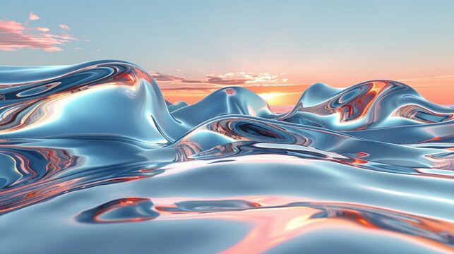 An abstract 3D landscape where metallic fluid forms undulate and merge in an endless sea under a gradient sky.