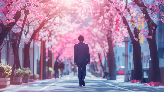 桜並木を歩く男性