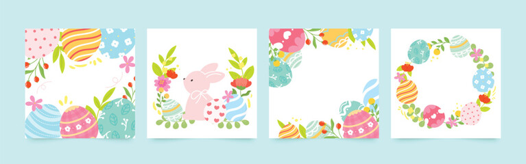 Fototapeta premium Happy Easter square cover vector set. Adorable doodle design with easter egg, rabbit, flower, foliage on white background. Spring season background for prints, wallpaper, packaging, ads.