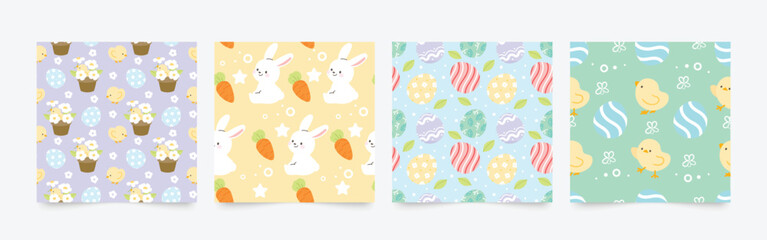 Happy Easter seamless pattern vector. Set of square cover design with easter egg, rabbit, carrot, flower, chick. Spring season repeated in fabric pattern for prints, wallpaper, cover, packaging, ads. - 742361094