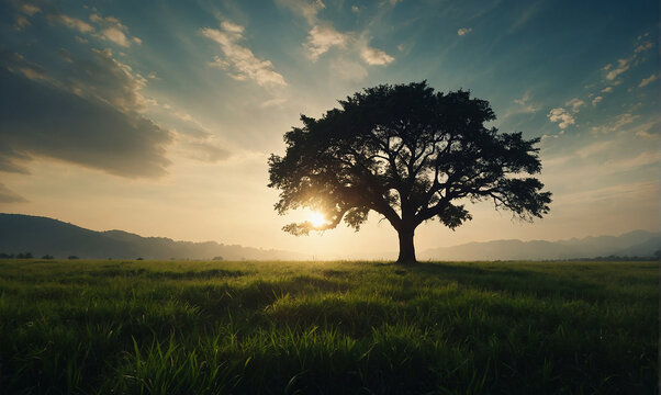 World environment day concept Silhouette alone tree on beautiful meadow wallpaper background