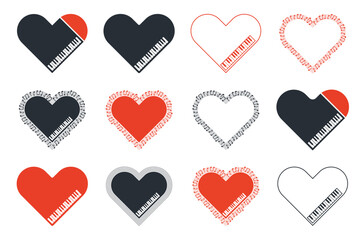 Set of hearts made with musical notes and piano keys. Vector illustration.