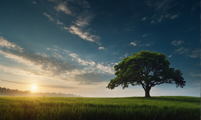 Fototapeta na wymiar World environment day concept Silhouette alone tree on beautiful meadow wallpaper background