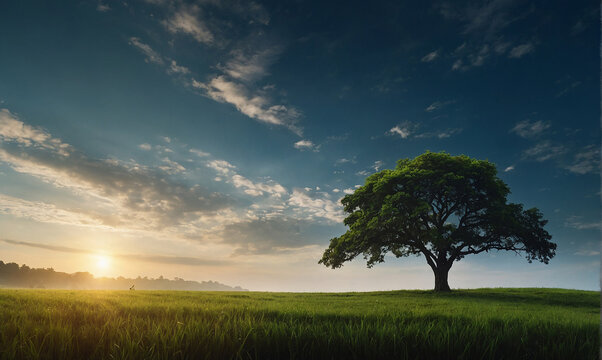 World environment day concept Silhouette alone tree on beautiful meadow wallpaper background