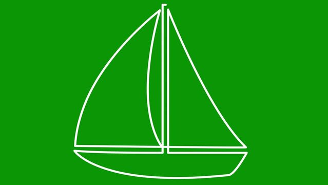 Animated white yacht is drawn. Linear symbol of sailing boat. Concept of travel, cruise, recreation, voyage, regatta. Looped video. Line vector illustration isolated on green background.