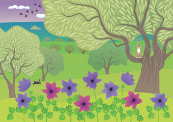 Anemones in an olive grove. Vector image.  - 742362633