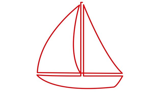 Animated red yacht is drawn. Linear symbol of sailing boat. Concept of travel, cruise, recreation, voyage, regatta. Looped video. Line vector illustration isolated on white background.
