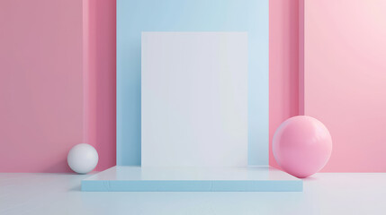 Rectangular blank  board on podium with balls in pink and blue colors. Card for advertising mockup. Copy space for text. Vibrant, minimalistic editorial aesthetic.
