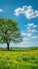 Obraz premium Spring day wallpaper. A tree in a yellow blossom field