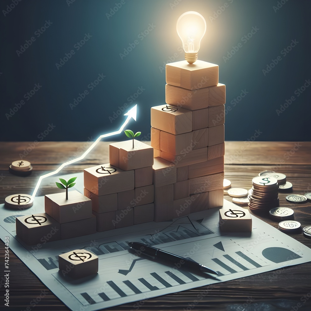 Poster wooden blocks with growth graph and light bulb on table. business and finance concept. generative ai