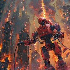 High tech heroes Robots extinguish a massive fire saving the urban heart - obrazy, fototapety, plakaty