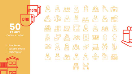 Set of 50 Outline Icons Related to Family. Pixel Perfect Icon. Outline Icon Collection. Fully Editable. Vector Illustration.