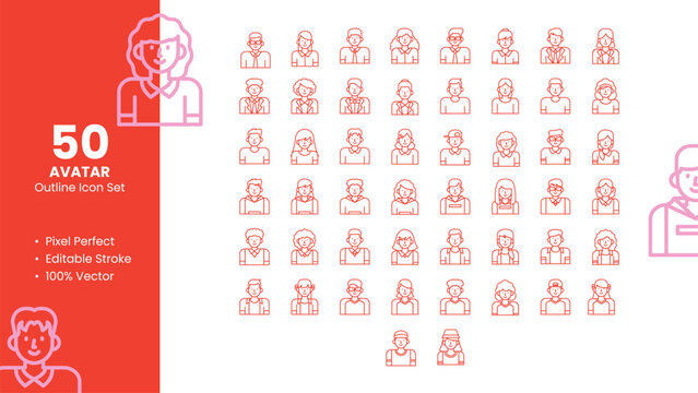 Set of 50 Outline Icons Related to Avatar. Pixel Perfect Icon. Outline Icon Collection. Fully Editable. Vector Illustration.