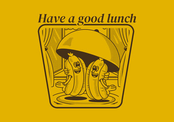 Have a good lunch. Character illustration of two hot dog on the plate