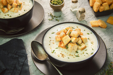 Middle Eastern creamy chicken soup. Served with crispy croutons and garnish with sprinklings of fresh thyme and pieces of chicken.