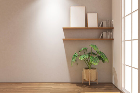 Scandinavian interior of shelf with frame mock up on the wall. Design 3d rendering of white and woods. Design print for illustration, presentation, mock up, interior, zoom, background. Set 13