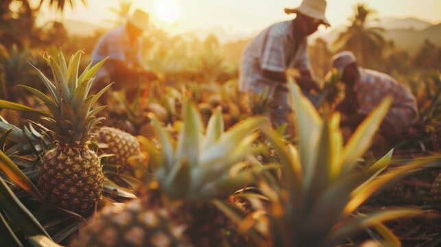 Farmers harvest pineapples on a pineapple farm.