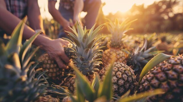 Farmers harvest pineapples on a pineapple farm.