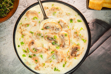 Middle Eastern creamy mushroom soup. A warm bowl of delicious creamy soup with tender bites of mushroom pieces. Served with crispy croutons.