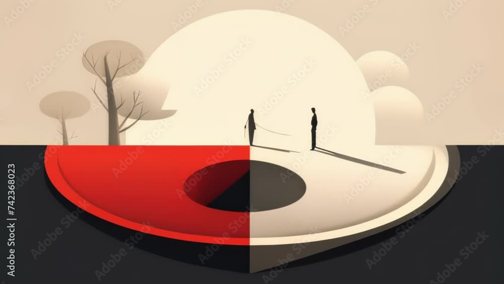 Poster an individual is being pulled in two opposing directions by two different paths symbolising the inte