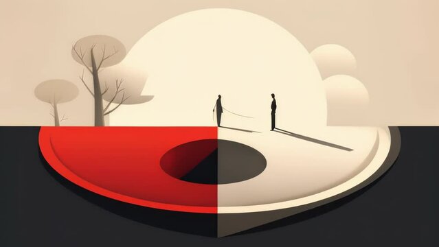 An individual is being pulled in two opposing directions by two different paths symbolising the internal conflict Psychology art concept. .
