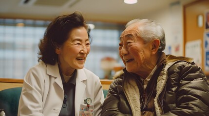 Obraz premium Japanese-inspired Doctors Office Scene with Elderly Couple Laughing