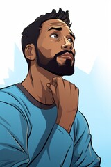 A man with a beard wearing a blue shirt is shown with his hand on his chin in a thoughtful pose, pondering or contemplating