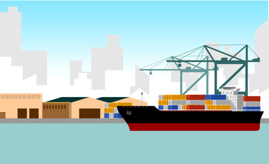 Cargo ship on the port with city background