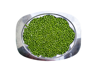 Top view of Pease in a Silver Tray. Healthy and green food. Fresh green peas. Pods of green organic...