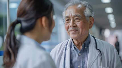 Fototapeta premium Experienced Mentorship: Smiling Senior Asian Doctor in Hospital Conversation, Asian Senior Doctor Wisdom and Professionalism in Healthcare Mentorship