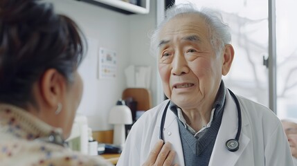 Obraz premium Experienced Mentorship: Smiling Senior Asian Doctor in Hospital Conversation, Asian Senior Doctor Wisdom and Professionalism in Healthcare Mentorship