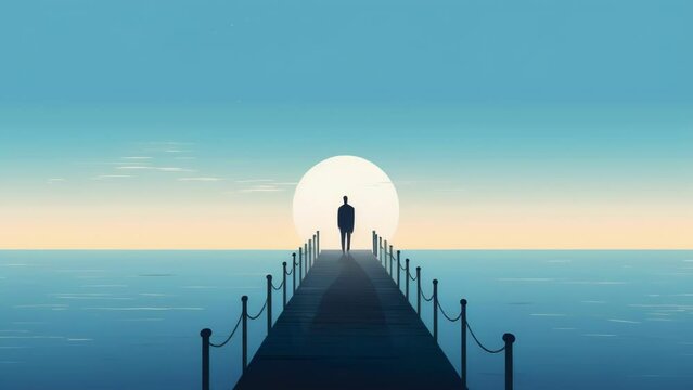 A person on a pier looking out to sea to represent the regret of not taking the plunge. Psychology art concept. .