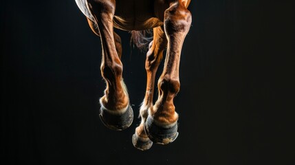 Closeup of a horse's legs in a jump on a black background. Animal in motion - obrazy, fototapety, plakaty
