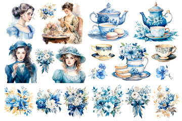 Watercolor llustration set Tea Time with teapot, cups, Victorian girls, flowers. Floral frame. Invitation to the tea party or birthday. Freehand drawing with imitation of chalk sketch