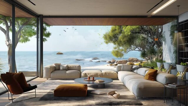 beautiful beach from big window view. beach living on sea view 3d rendering. seamless looping overlay 4k virtual video animation background 