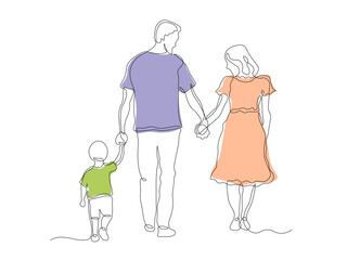 Abstract family, mom,dad and child holding hands on a walk.continuous single line art hand drawing sketch